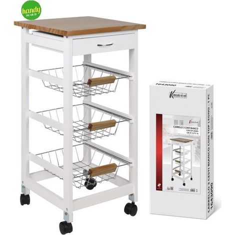 Carrello 3 Cesti Kasaviva Bianco con Top in Legno
