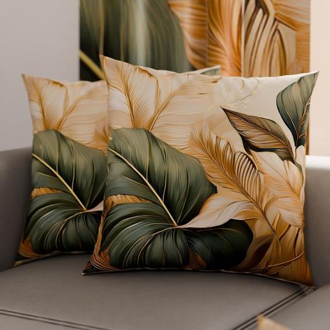 Lot de 2 Taies d'Oreillers 40x40 cm 100% Microfibre Hypoallergénique, Housse Oreiller Rectangulaire Motif Floral Vert Dorés, Paquet de 2 (1/3)