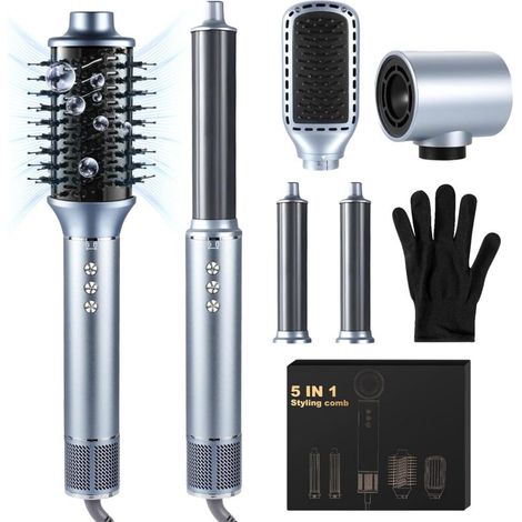 Air Brush 5 en 1 Hair Styler Airbrush,1400W Seche Cheveux avec Airbrush Cheveux,Brosse Lissante,Fer a Boucler, pour Sécher, Boucler, Lisser, Femmes,200 Millions d'ions Négatifs -Gris (1/5)