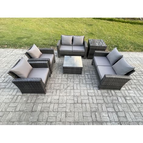 Fimous Rattan Garden Furniture Set 6 Seater Patio Outdoor Lounge Sofa Set with Square Coffee Table Double Seat Sofa Side Table Dark Grey Mixed (1/5)
