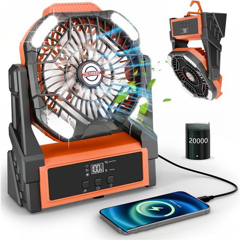 Ventilateur de camping portable d'extérieur, alimenté par batterie rechargeable avec lumière, affichage lumineux, lumière blanche, orange (1/5)
