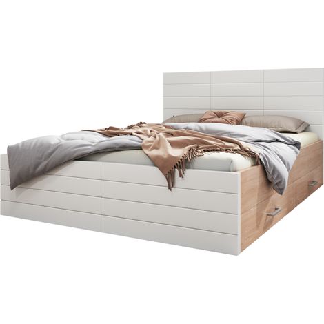 Lit double 160x200 avec matelas, 2 tiroirs et sommier à lattes, bois clair et blanc, rangement sous lit, design moderne - CHICFURN (1/5)