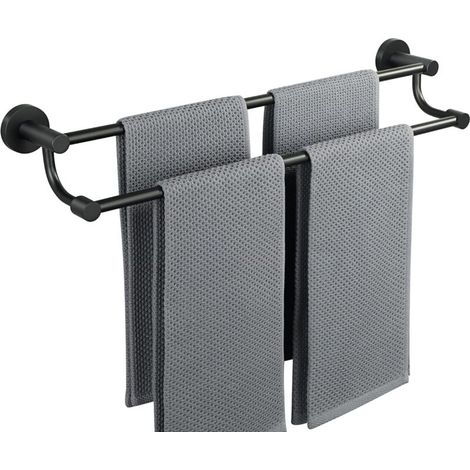 Porte Serviette Mural Noir 61.6 CM, Support Serviette Salle de Bain en Acier Inoxydable 304, Double Barre pour Séchage Rapide, Fixation Invisible, Porte Torchon pour Cuisine, Balcon, Buanderie