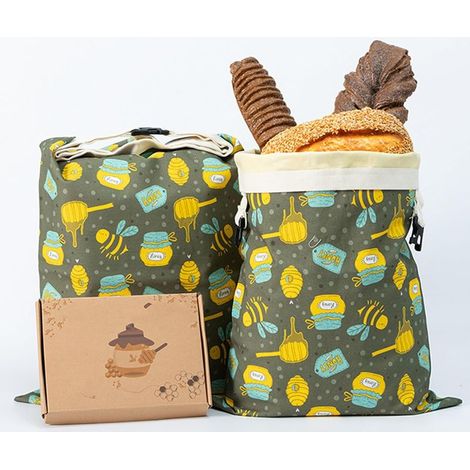 Sacs à pain extra larges en cire d'abeille (conçus pour le pain - lot de 2, motif pot de miel) - Sacs de rangement réutilisables, 100 % coton (1/5)
