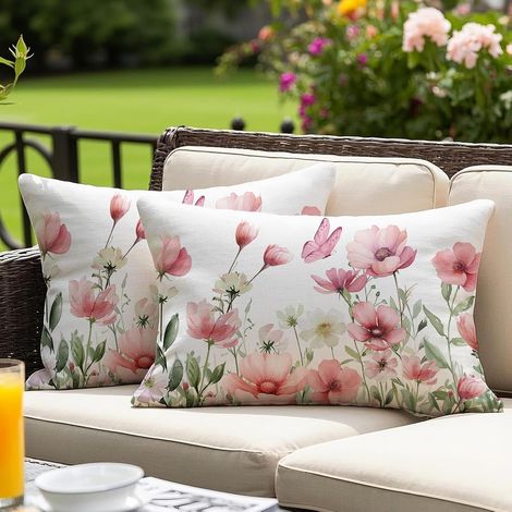 Housse de Coussin Imperméable 30x50 cm Extérieur Décoration Double Face Fleurs été - Rose pour Jardin/Piscine/Extérieur - Lot de 2 (1/5)