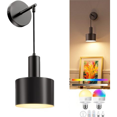 Lámpara de pared inalámbrica recargable, alimentada por batería, capacidad de 2000 mAh, para dormitorios y salas de estar (RGB de 16 colores, negra)