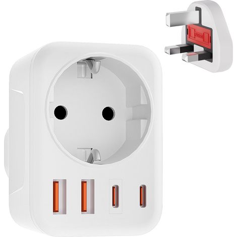 UK-Steckeradapter, Reiseadapter mit 2 USB (3,4 A) und 2 USB-C mit 1 Buchse, Typ-G-Adapter für England, Irland, Dubai, Malediven und Katar