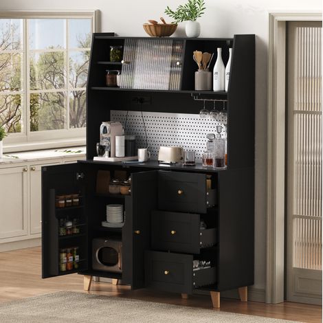 Hochschrank MDF Schwarz 120 x 40 x 184 cm mit 3 Schubladen, Fluted-Glas, Lochplatte, Gläserhalter und Steckdosen (1/5)