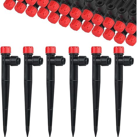 Lot de 30 arroseurs d'arrosage réglables à 360 °, 8 trous avec piquet et support de tuyau Micro Drip pour tuyau de 1/4", kits d'irrigation pour serre, plantes en pot, rouge