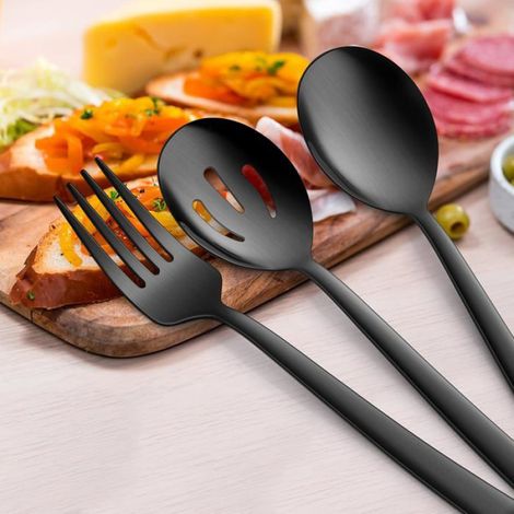 Lot de 6 ustensiles de service noir mat, acier inoxydable, cuillères perforées et fourchettes, buffet (1/4)