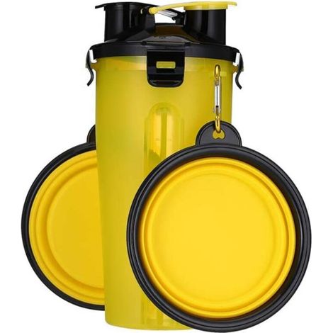 Bouteille d'eau portable pour chien avec 2 gamelles pliables, bouteille 2 en 1 pour eau et nourriture pour chiens, chats et autres animaux de compagnie, bouteille de voyage pour les promenades, l'exer (1/5)