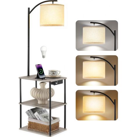 Lampadaire avec table d’appoint et étagères, lampadaire LED avec ports de charge USB-A et Type-C, 3 températures de couleur ampoule 9W, abat-jour en tissu pour salon chambre (1/5)