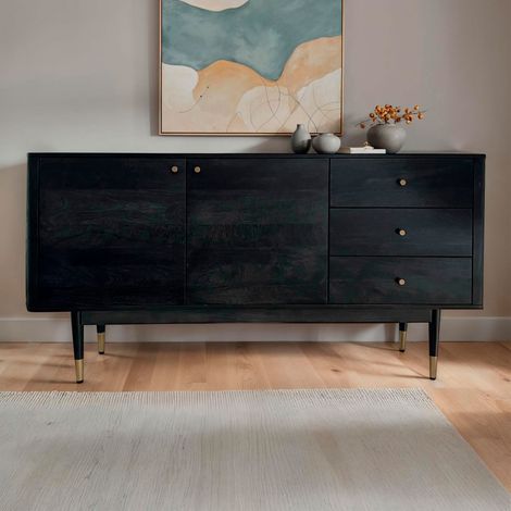 Buffet 2 portes 3 tiroirs 160x42x81 cm en bois d'acacia noir et doré (1/5)