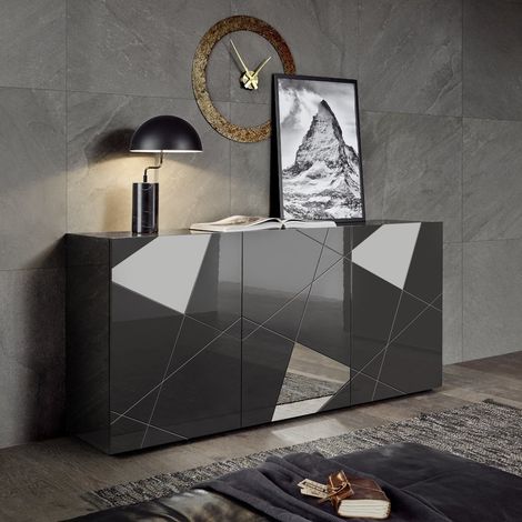 Credenza soggiorno grigio lucido, 3 ante con specchi - Lisbona (1/5)