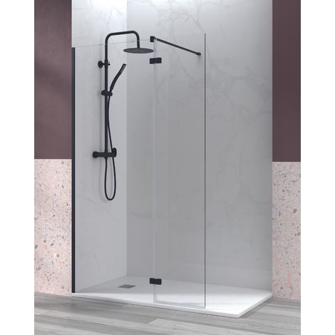Mampara Ducha Fijo de Ducha + 1 Puerta Abatible Vidrio Templado 6mm Antical Transparente Altura 195cm 80cm + 40cm Perfil Negro Mate (1/3)