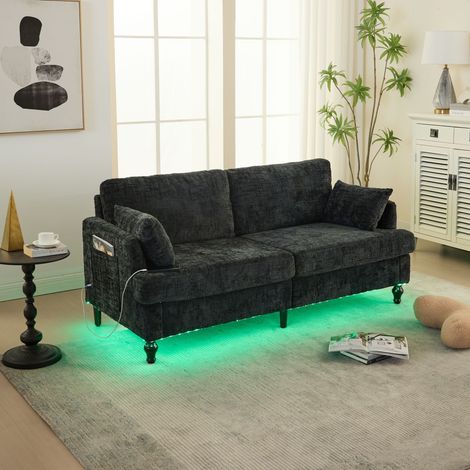 2-Sitzer-Sofa 175x83x78cm, multifunktional mit Seitentaschen, USB-Anschluss und LED-Beleuchtung, schwarzes Chenille