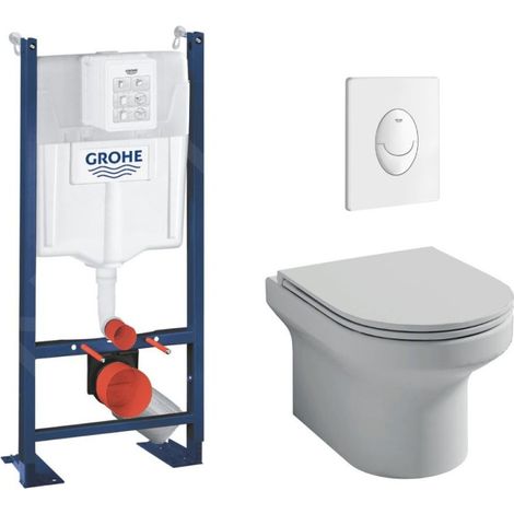 Pack inodoro suspendido Jacob Delafon sin brida Elite + Estructura soporte inodoro Grohe Rapid SL + Placa de mando Grohe blanca