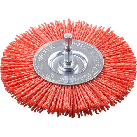 Brosse à disque, grossière, nylon abrasif, Ø 100 mm pour le bois, le métal et les métaux non ferreux, brosse en nylon pour perceuse, y compris tige hexagonale E6.3, pour poncer, structurer (1/4)