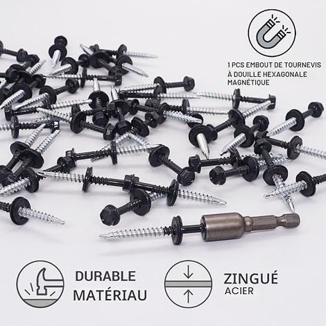 Vis Toiture 4,8 x 50 mm, Tête Hexagonale, Vis Autoperceuses Rondelles EPDM, RAL 7016 (1/4)