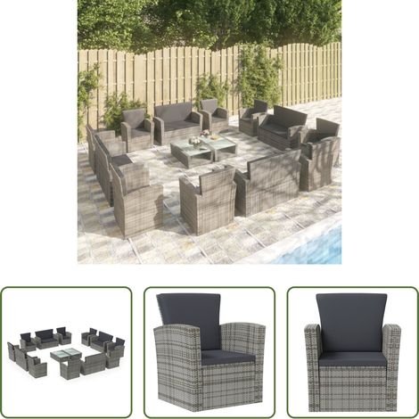 vidaXL Fauteuil extérieur -  Salon de jardin 16 pcs avec coussins Résine tressée Gris (1/5)
