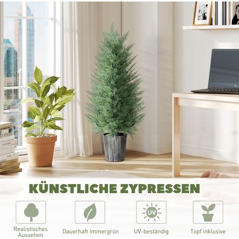 Lot de 2 grands cyprès synthétiques de 90 cm, plantes artificielles en plastique vert dans pots de 15 x 15 x 90 cm