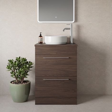 Napoli 390 Brown Oak 600mm 2 Drawer Vanity Unit for Countertop Basins - 600mm - Chrome 320mm Handle