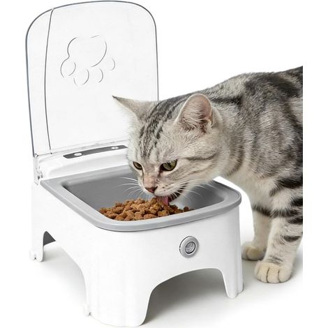 Mangeoire Automatique, 23×17×11.5cm Mangeoire de Nourriture Animaux, Distributeur Croquettes Chat, Distributeur Croquettes Chat Automatique Minuteur D'ouverture Automatique Couvercle pour Chats Chiens