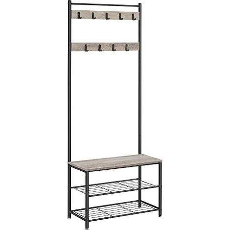 VASAGLE Appendiabiti con Scarpiera, Mobile da Ingresso con Panca, 3 in 1, Struttura in Acciaio, per Entrata Corridoio, 32 x 70 x 177 cm, Stile Industriale, Greige e Nero HSR41MB (1/5)