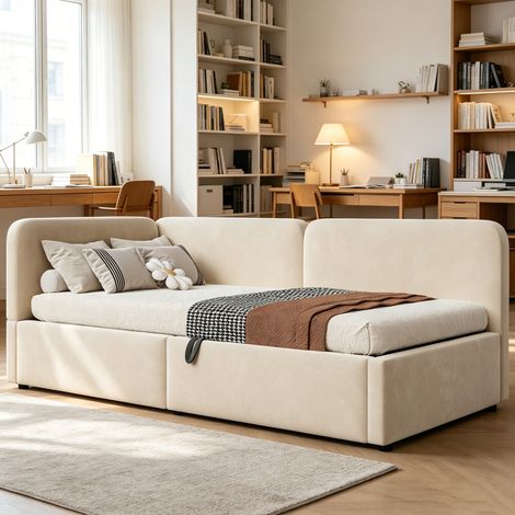 Lit capitonné 90x200, canapé convertible en velours avec coffre hydraulique, tête relevée, dossier amovible, lit compact pour adulte et enfant, teinte beige (1/5)