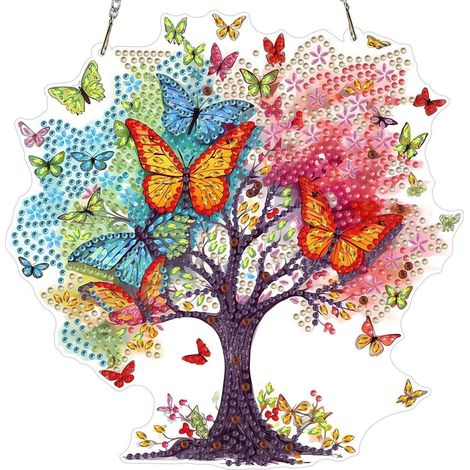 Diamond Painting Anhänger Lebensbaum Schmetterling, 5D Fensterbild DIY Set für Erwachsene & Kinder