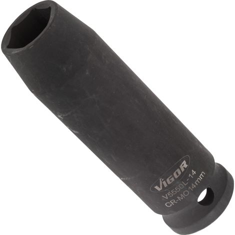 VIGOR Schlagschrauber Steckschlüsseleinsatz, lang, V5550L-14, 1/2 (12,5 mm) Vierkant hohl, Außen Sechskant Profil, SW 14 mm (1/4)