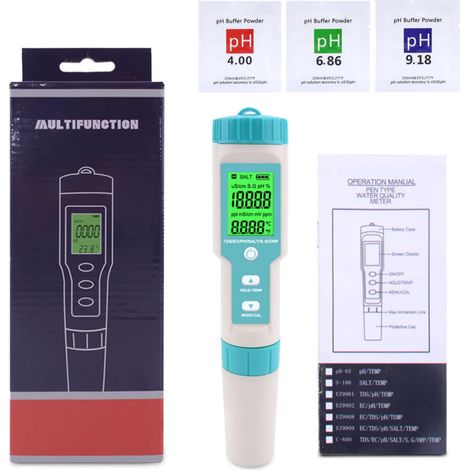 Wasserqualitätsmessgerät, 7-in-1-Messgerät für TDS/EC/PH/ORP/SG, grün hinterleuchtetes LCD-Display mit Messbereich 0–10000 ppm für Schwimmbad-, Aquarium- und Trinkwasserqualitätsprüfung