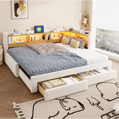 Canapé-lit gigogne 3 en 1 90 x 200 cm extensible 180 x 200 cm, LED et prise OKWISH (1/5)