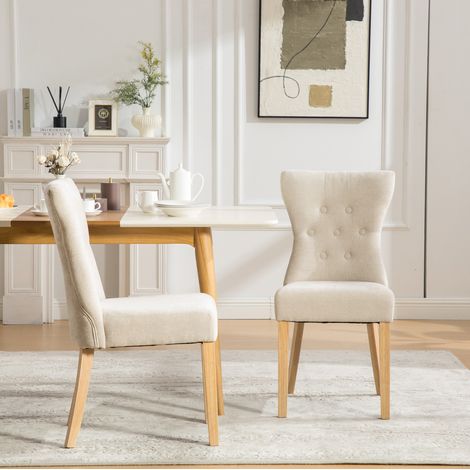 Sedia da pranzo imbottita in legno massello beige con schienale alto e montaggio facile (1/5)