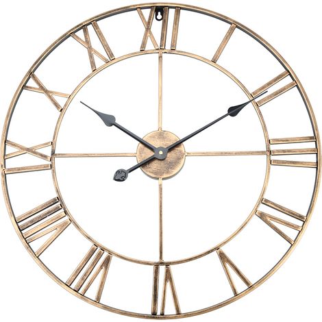 Horloge murale ronde en métal classique, grand cadran en fer avec chiffres romains, décoration intérieure, diamètre 60 cm, couleur or. (1/5)