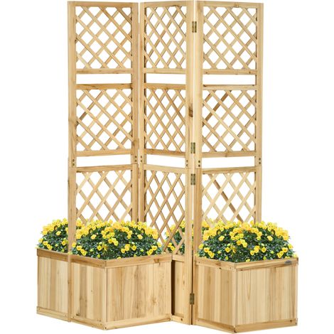 Paravent pliable en bois naturel avec 4 jardinières, 133 x 165 cm, pour jardin et terrasse (1/5)