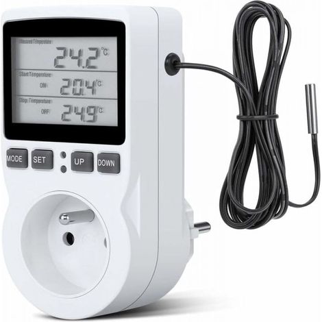 Thermostat Prise - Contrôleur Numérique de Température avec Sonde - Plage -40 à 100 °C - Fonctions Minuterie Cyclique et Décompte - Pour Serre Incubateur Terrarium - 1 Pièce