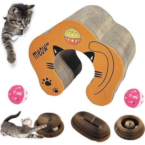 Griffoir pour Chat, Jouet Accordéon pour Chat Rond, Jouet Chat Interactif, Jouet Herbe a Chats, Scratching Board Griffoirs pour Chats Réglable (2 Boules de Clochettes à la Menthe) (1/5)
