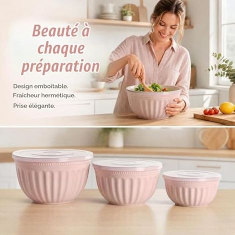 Lot de 3 saladiers avec couvercles - En plastique - Sans BPA - Empilables - Grands bols pour la cuisine - Pour mélanger, servir et ranger - Rose (1/3)