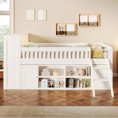 Lit mezzanine 120x200 cm en bois blanc avec LED et rangement, gain de place, sans matelas – MEUBLIV