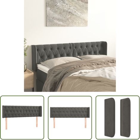 The Living Store Tête de lit avec oreilles Gris foncé 163x16x78/88 cm Velours - Tête De Lit - Tête De Lit Velours - Tête De Lit Rembourrée - Literie - Meubles De Chambre (1/5)