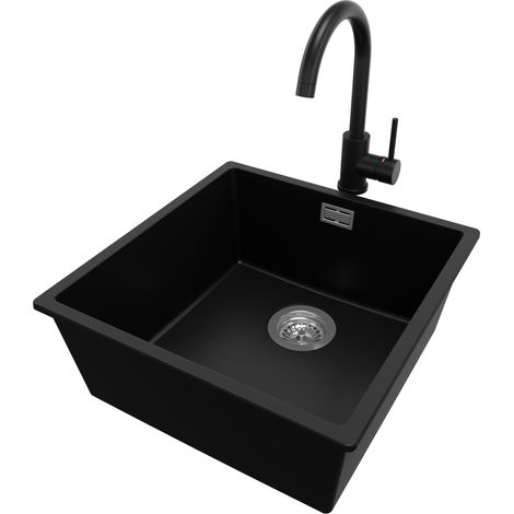 PRIMAGRAN Evier Sous Plan 46x47cm, Evier en Granit 1 bac + Robinet 32x20cm + Kit de Vidage, Évier au meuble 50cm - London, Noir (1/5)