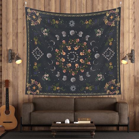 Wandteppich mit Boho-Blumenmuster und schwarzem Mond für Schlaf- oder Wohnzimmer – 130 x 150 cm (1/5)