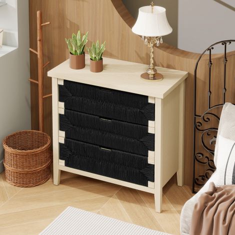 Commode 3 tiroirs en bois naturel et corde noire – Design bohème tissé main – Structure stable en MDF – Grand rangement 80×40×80 cm – Pour chambre, salon ou entrée (1/5)