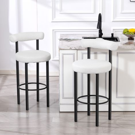 HOMCOM Lot de 2 Tabourets de Bar en Tissu Bouclette - Chaises de Bar, Dossier Incurvé, Repose-Pieds, 50x52,5x98cm, Blanc