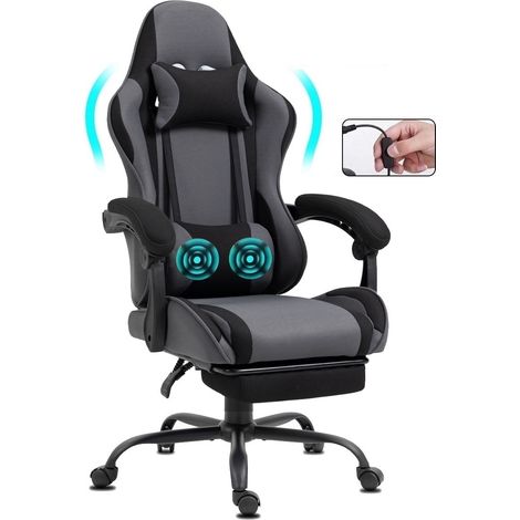 Chaise Gaming en tissu avec repose-pieds et massage gris foncé (1/5)