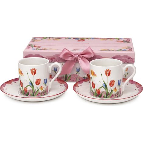 Juego de dos tazas de espresso con platillos de 100 ml con diseño de tulipanes. Ideal para regalar. (1/5)