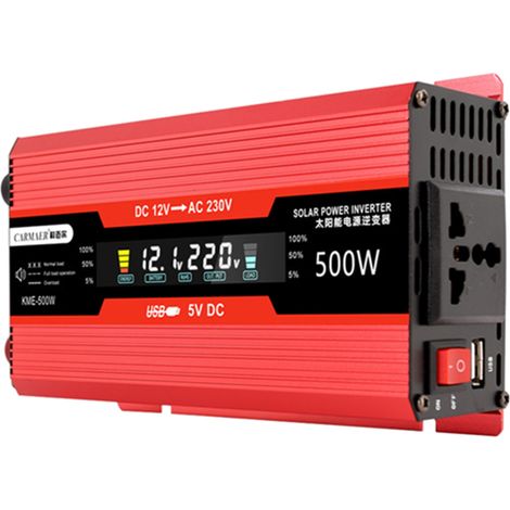 Onduleur de puissance de voiture 500W, convertisseur AC solaire LCD numérique à onde sinusoïdale modifiée avec prises, Port de charge USB, interrupteur marche/arrêt pour panneau de camping-car (1/5)