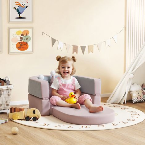 Canapé 116x61x14 cm rose bleu pour enfants convertible en lit et aire de jeux avec coussin couronne et grisâtre