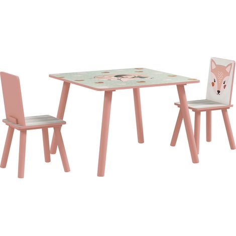 Tisch und 3 Stühle für Kinder im Alter von 3-8 Jahren, rosa Kieferoptik-MDF mit Tiermotiven